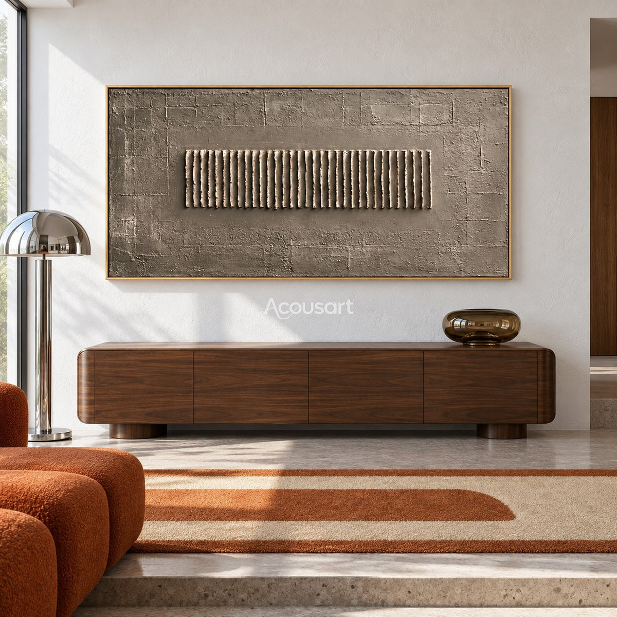Neutral textured abstract wall art with raised vertical line pattern, gray taupe background, and minimalist horizontal design