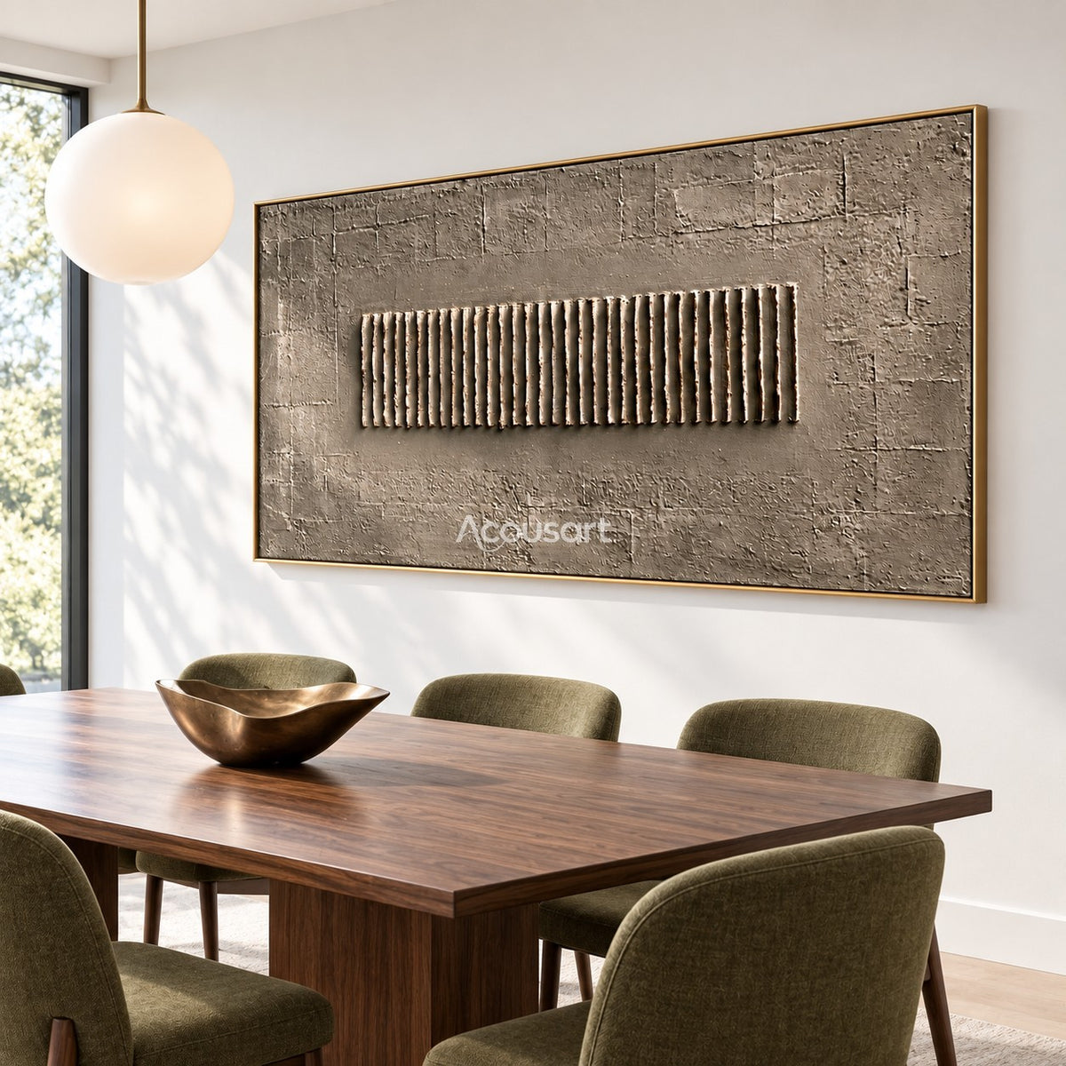 Neutral textured abstract wall art with raised vertical line pattern, gray taupe background, and minimalist horizontal design