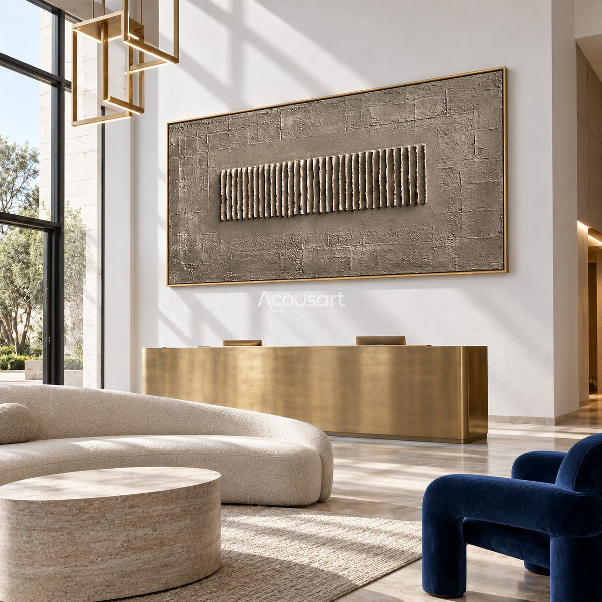 Neutral textured abstract wall art with raised vertical line pattern, gray taupe background, and minimalist horizontal design