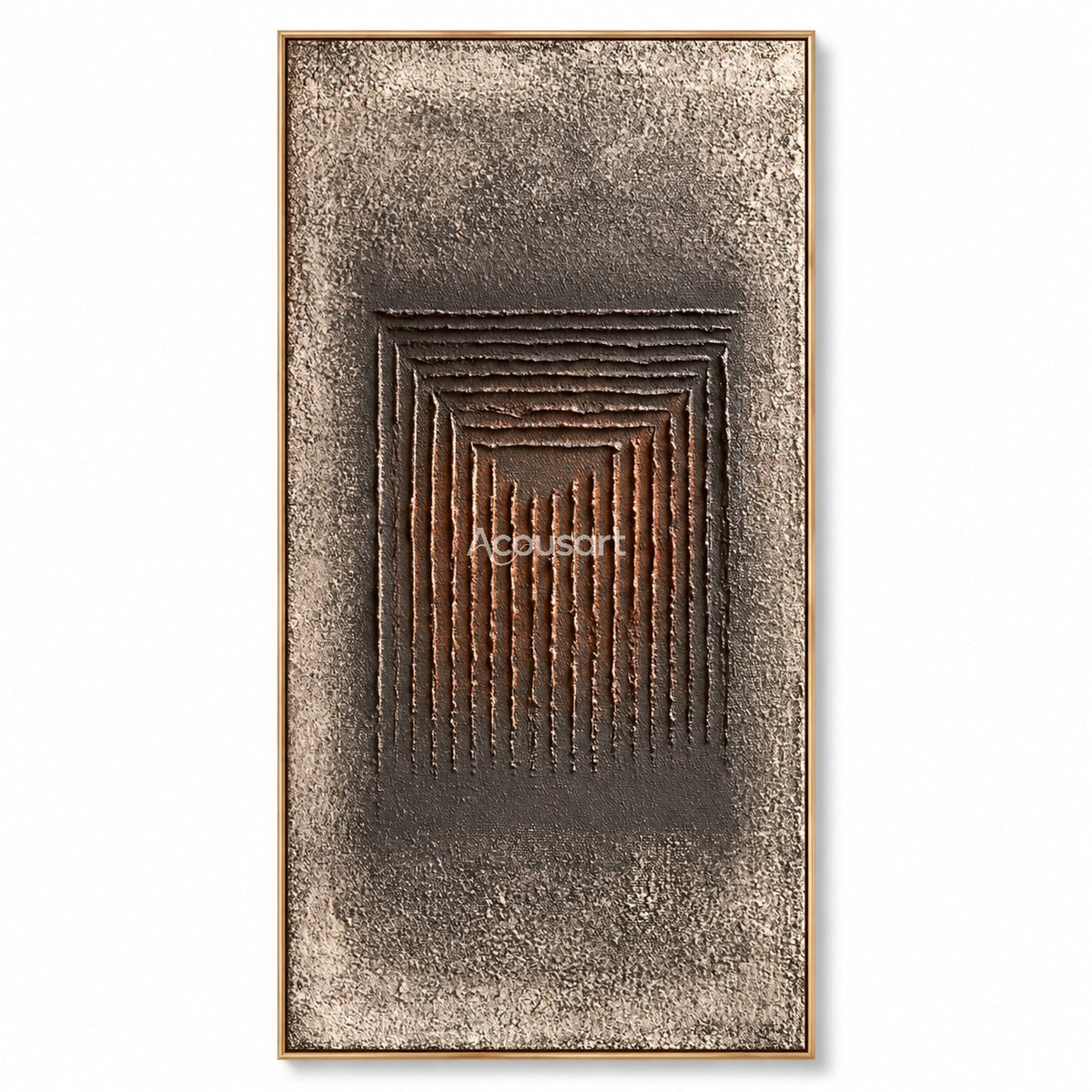 Dark geometric relief wall art with raised vertical lines, charcoal brown tones, aged stone background, and modern abstract design