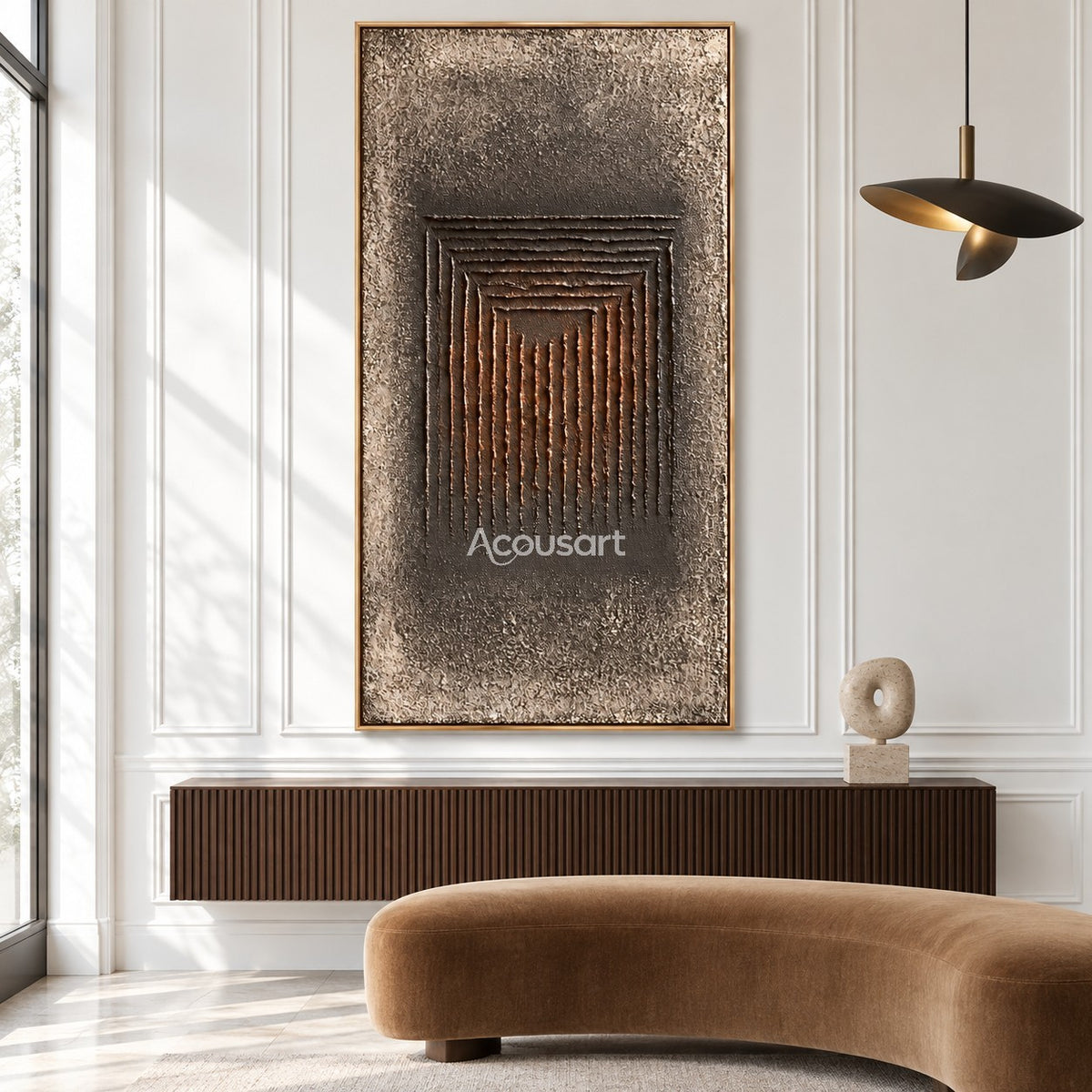 Dark geometric relief wall art with raised vertical lines, charcoal brown tones, aged stone background, and modern abstract design