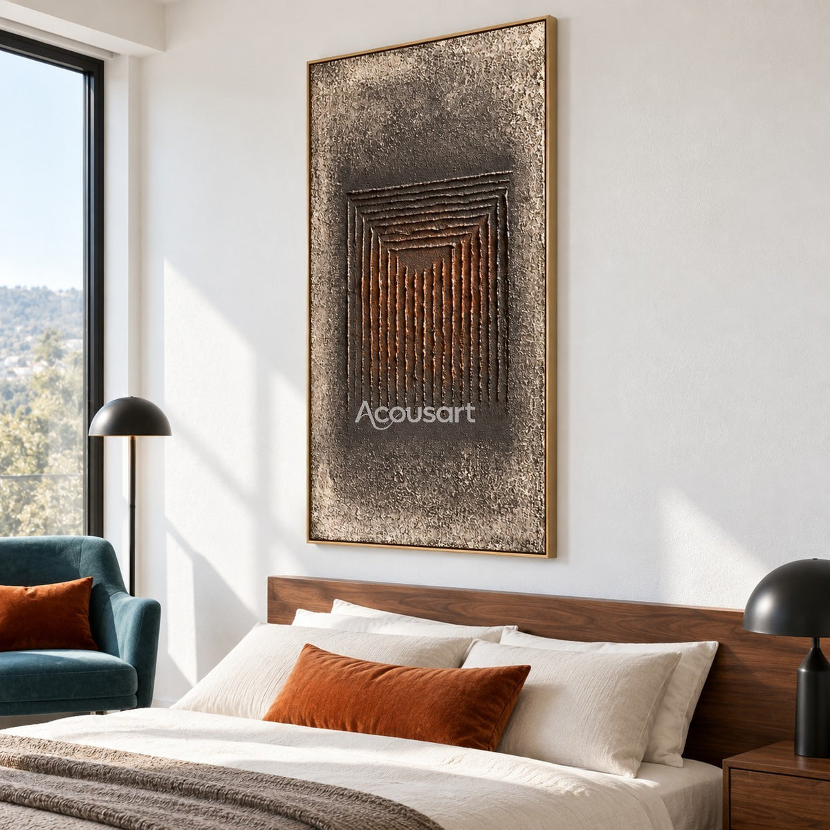 Dark geometric relief wall art with raised vertical lines, charcoal brown tones, aged stone background, and modern abstract design