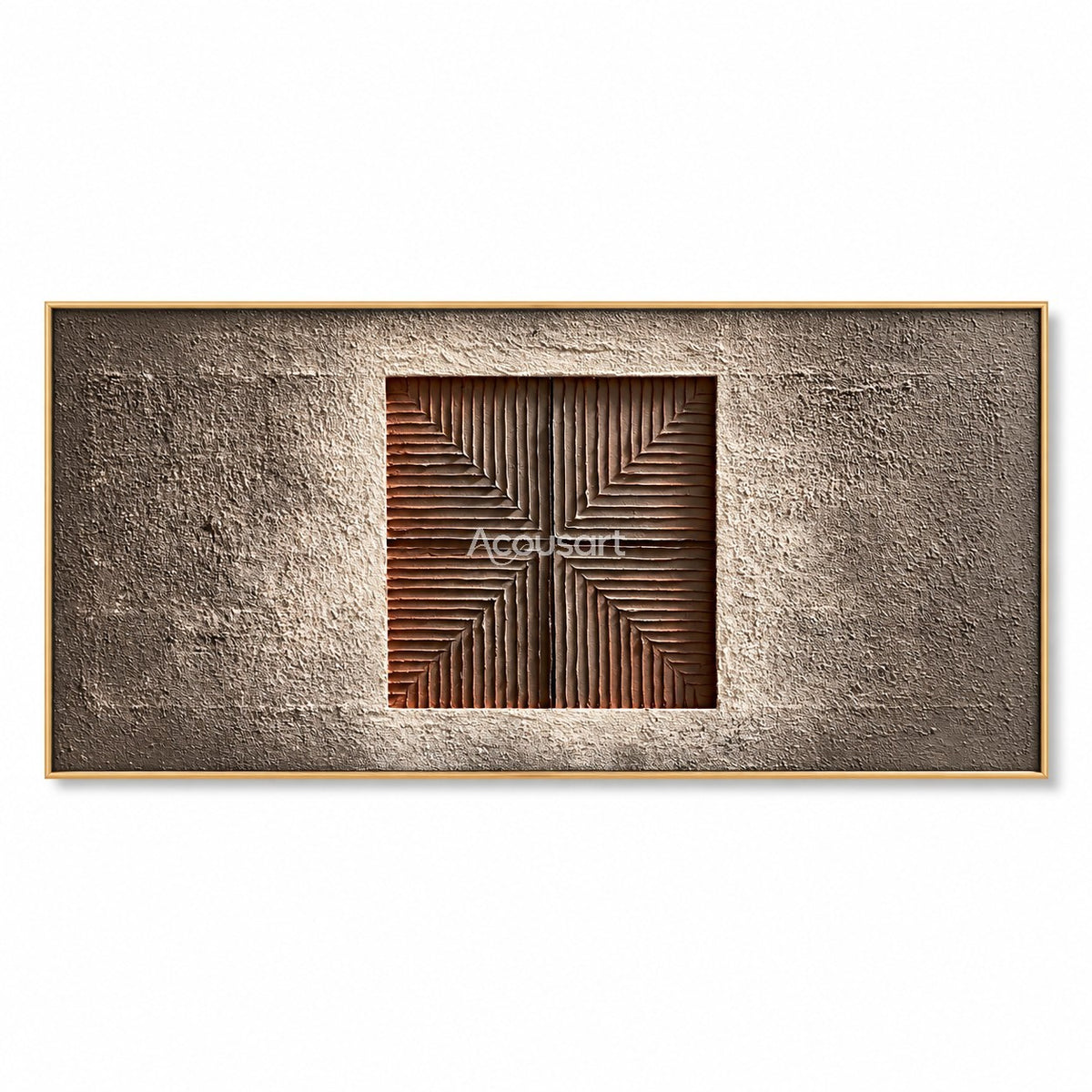 Modern geometric relief wall art with centered square line pattern, warm brown tones, taupe background, and horizontal abstract design