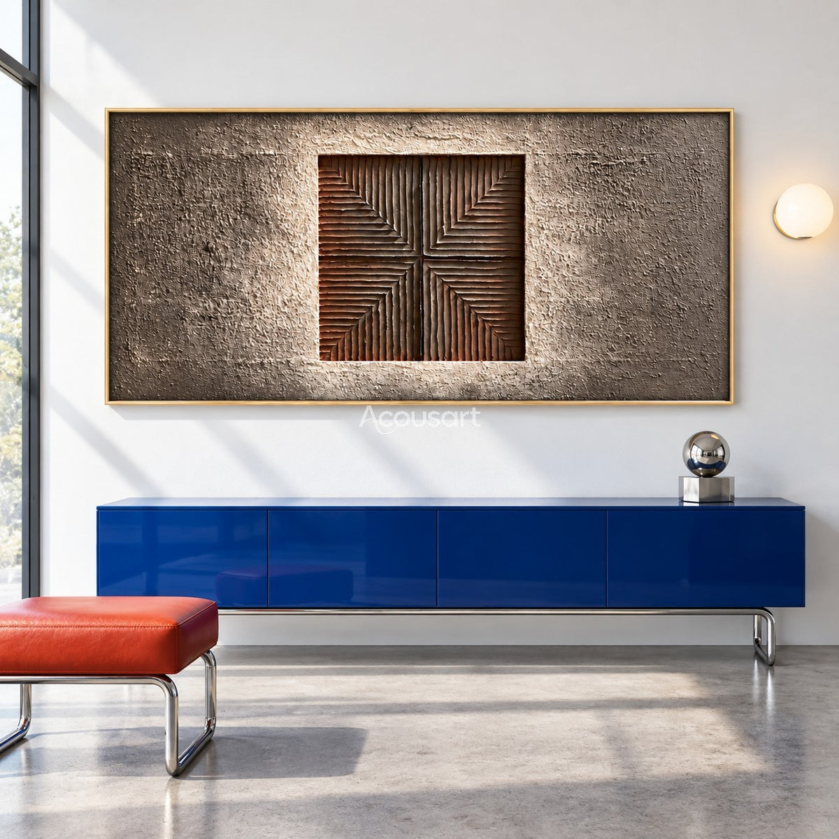 Modern geometric relief wall art with centered square line pattern, warm brown tones, taupe background, and horizontal abstract design