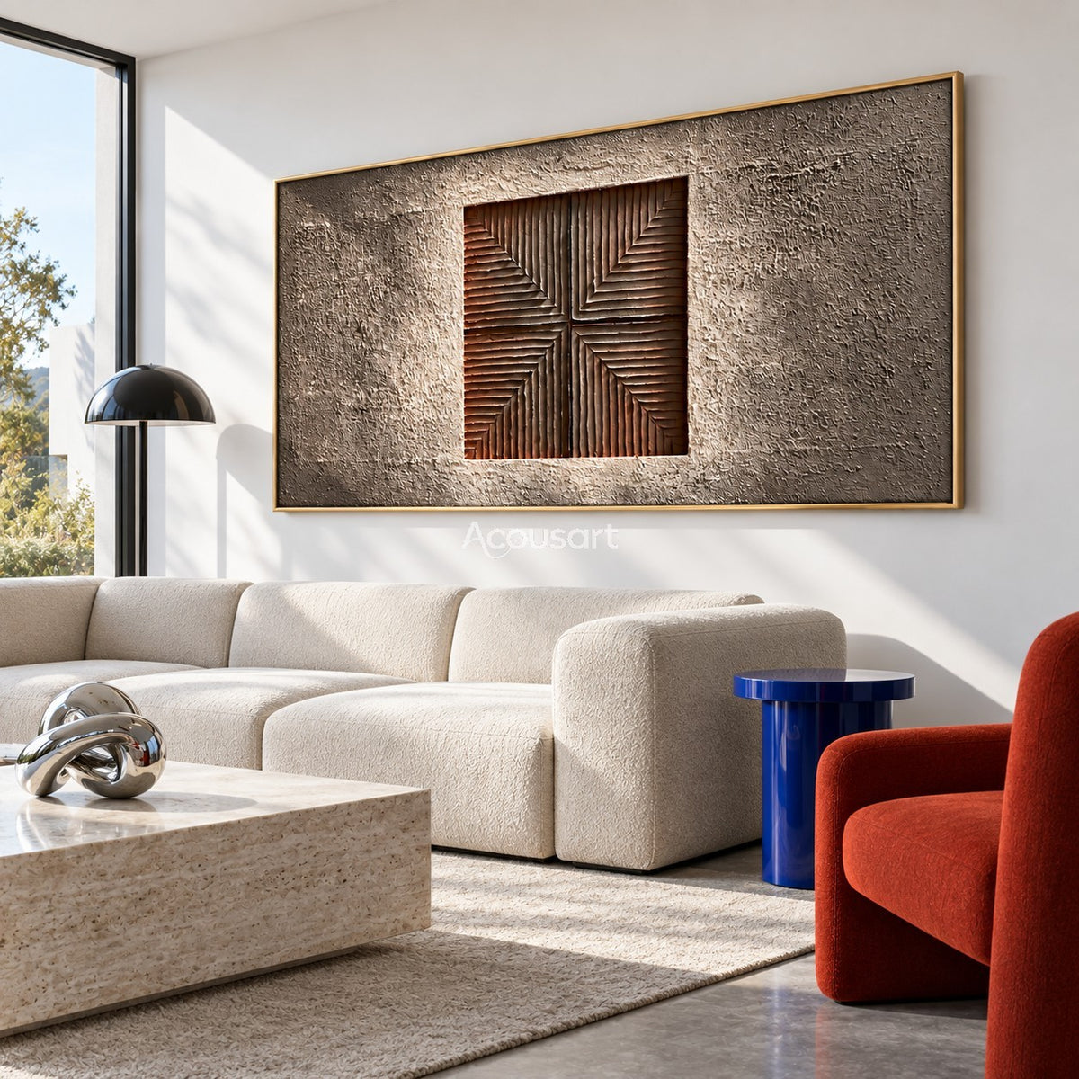 Modern geometric relief wall art with centered square line pattern, warm brown tones, taupe background, and horizontal abstract design