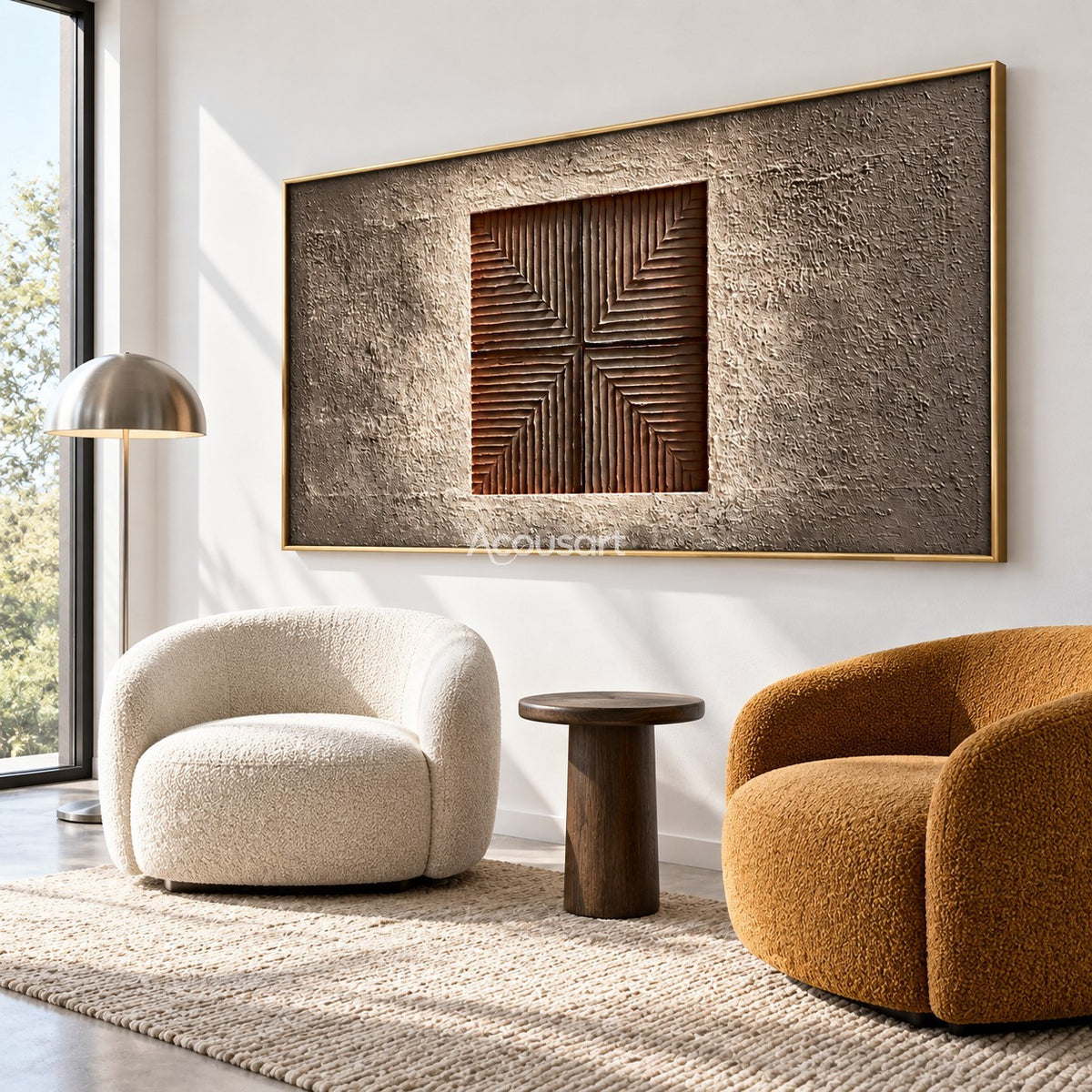 Modern geometric relief wall art with centered square line pattern, warm brown tones, taupe background, and horizontal abstract design