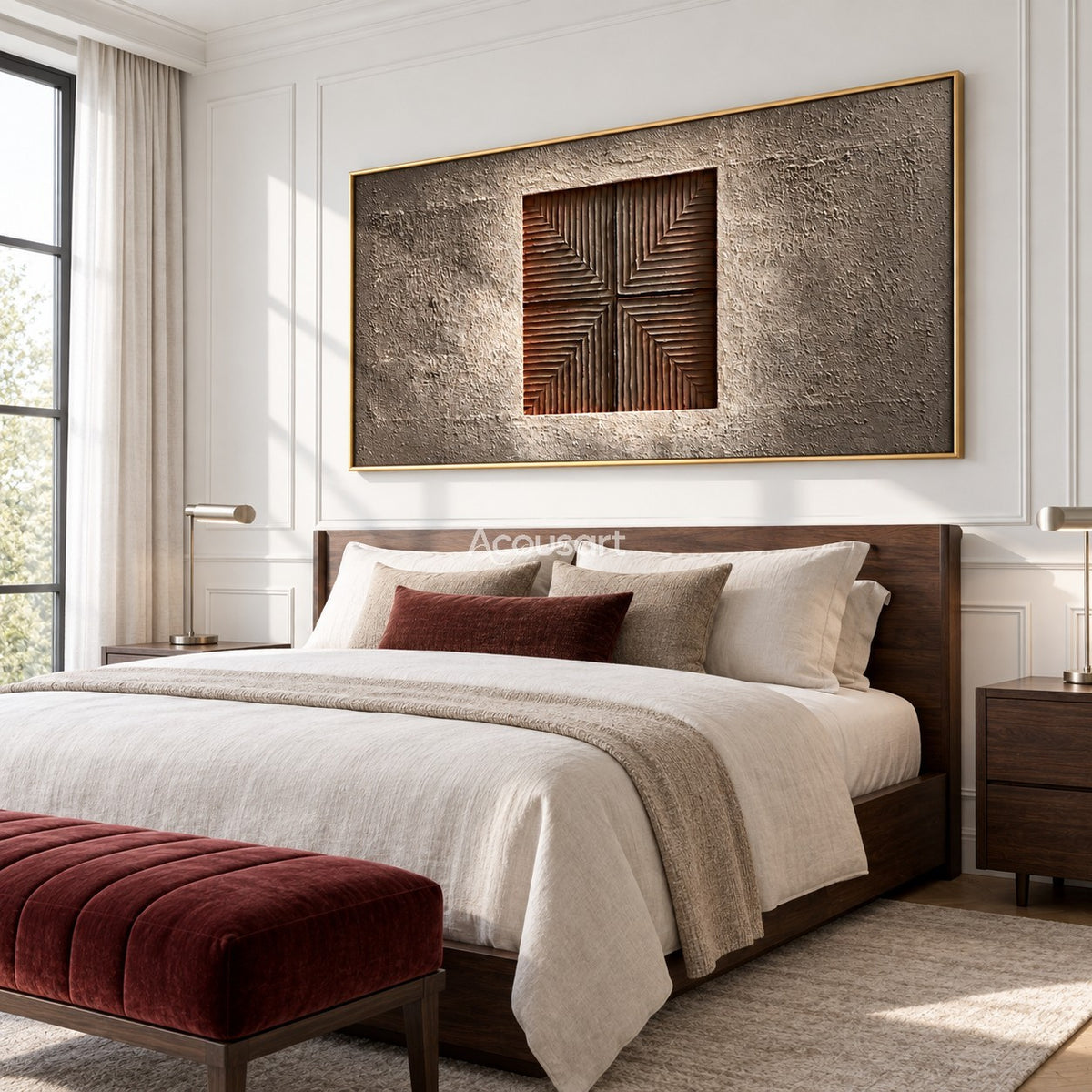 Modern geometric relief wall art with centered square line pattern, warm brown tones, taupe background, and horizontal abstract design