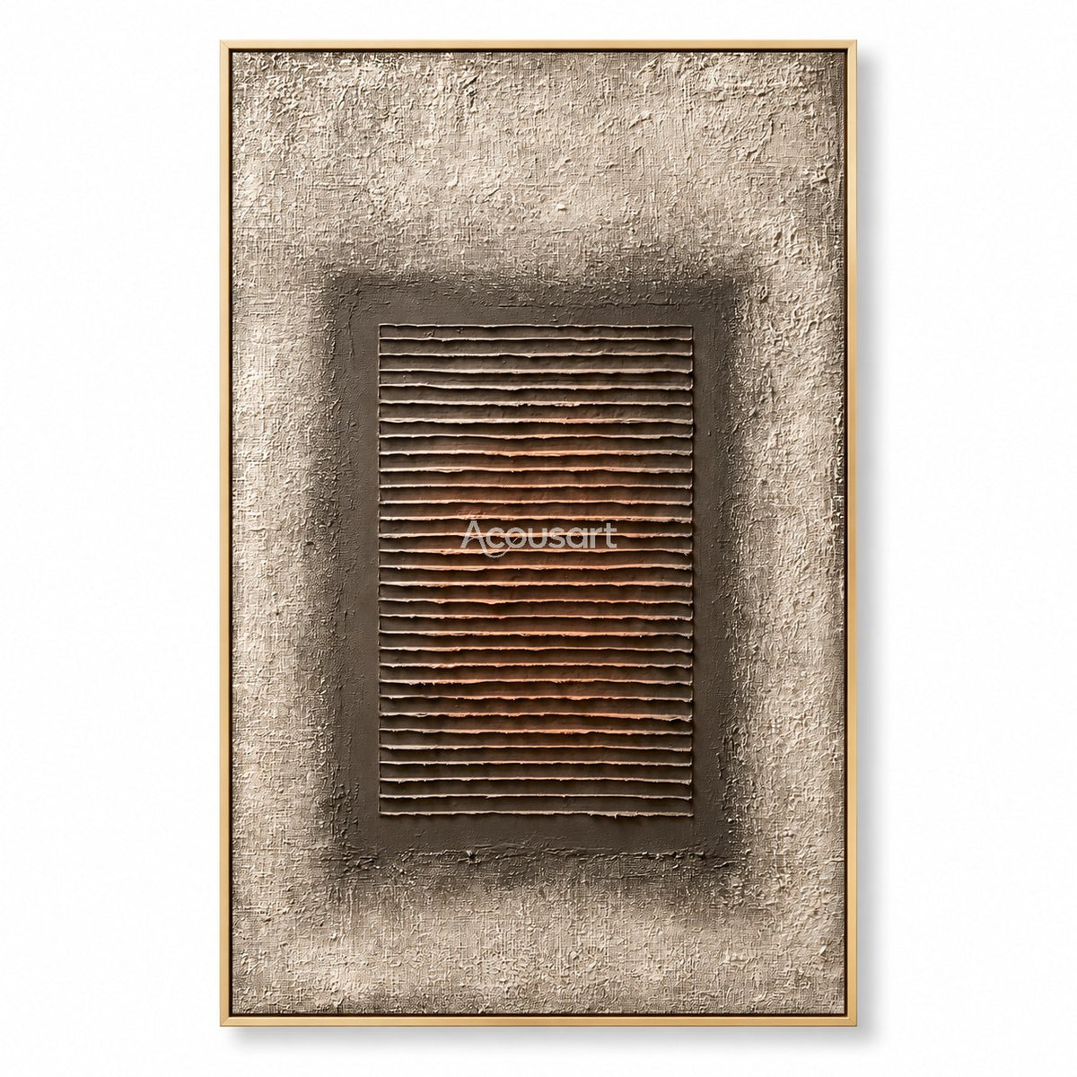 Modern geometric relief wall art with layered horizontal lines, dark taupe center, warm beige background, and minimalist abstract design
