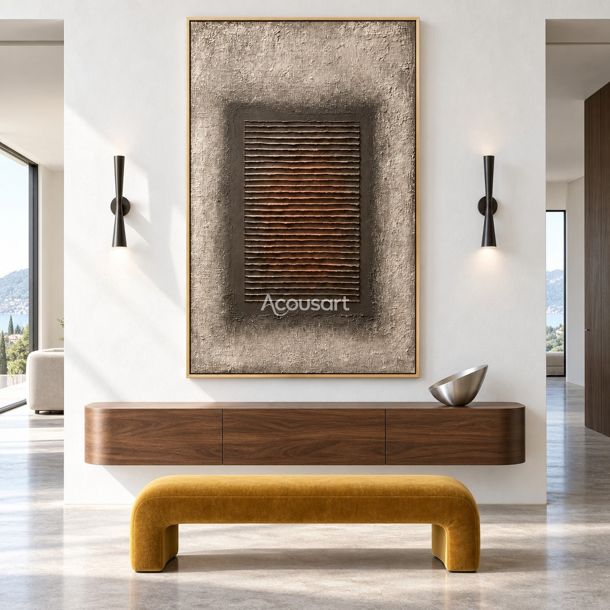 Modern geometric relief wall art with layered horizontal lines, dark taupe center, warm beige background, and minimalist abstract design