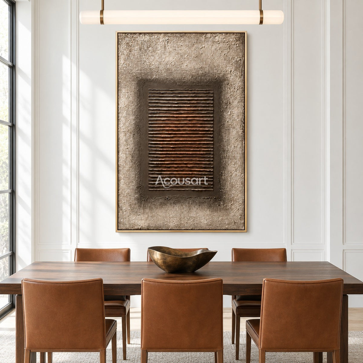 Modern geometric relief wall art with layered horizontal lines, dark taupe center, warm beige background, and minimalist abstract design
