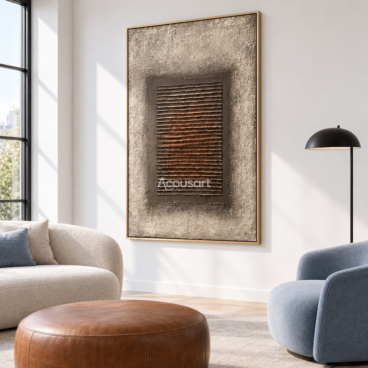 Modern geometric relief wall art with layered horizontal lines, dark taupe center, warm beige background, and minimalist abstract design