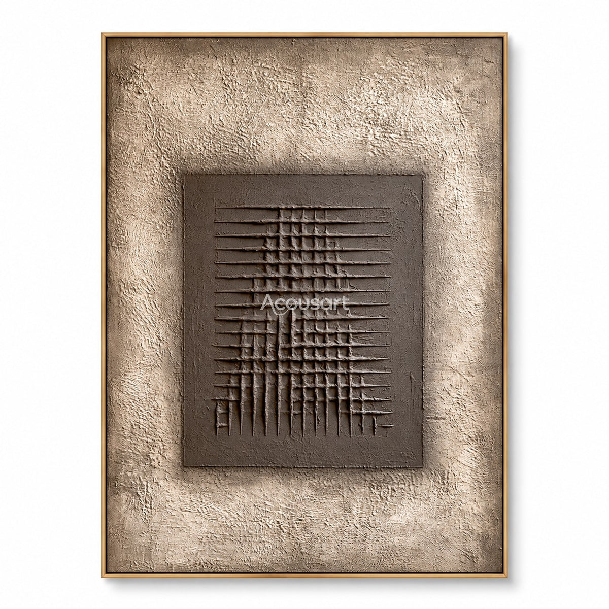 Modern geometric relief wall art with intersecting horizontal and vertical lines, warm taupe center, beige background, and abstract minimalist design