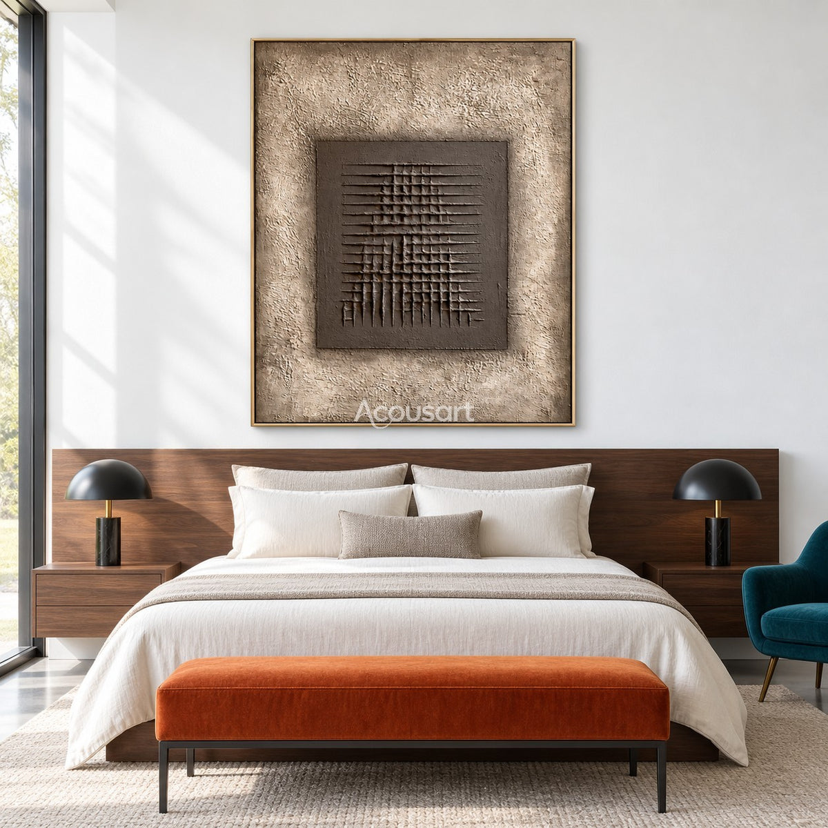 Modern geometric relief wall art with intersecting horizontal and vertical lines, warm taupe center, beige background, and abstract minimalist design