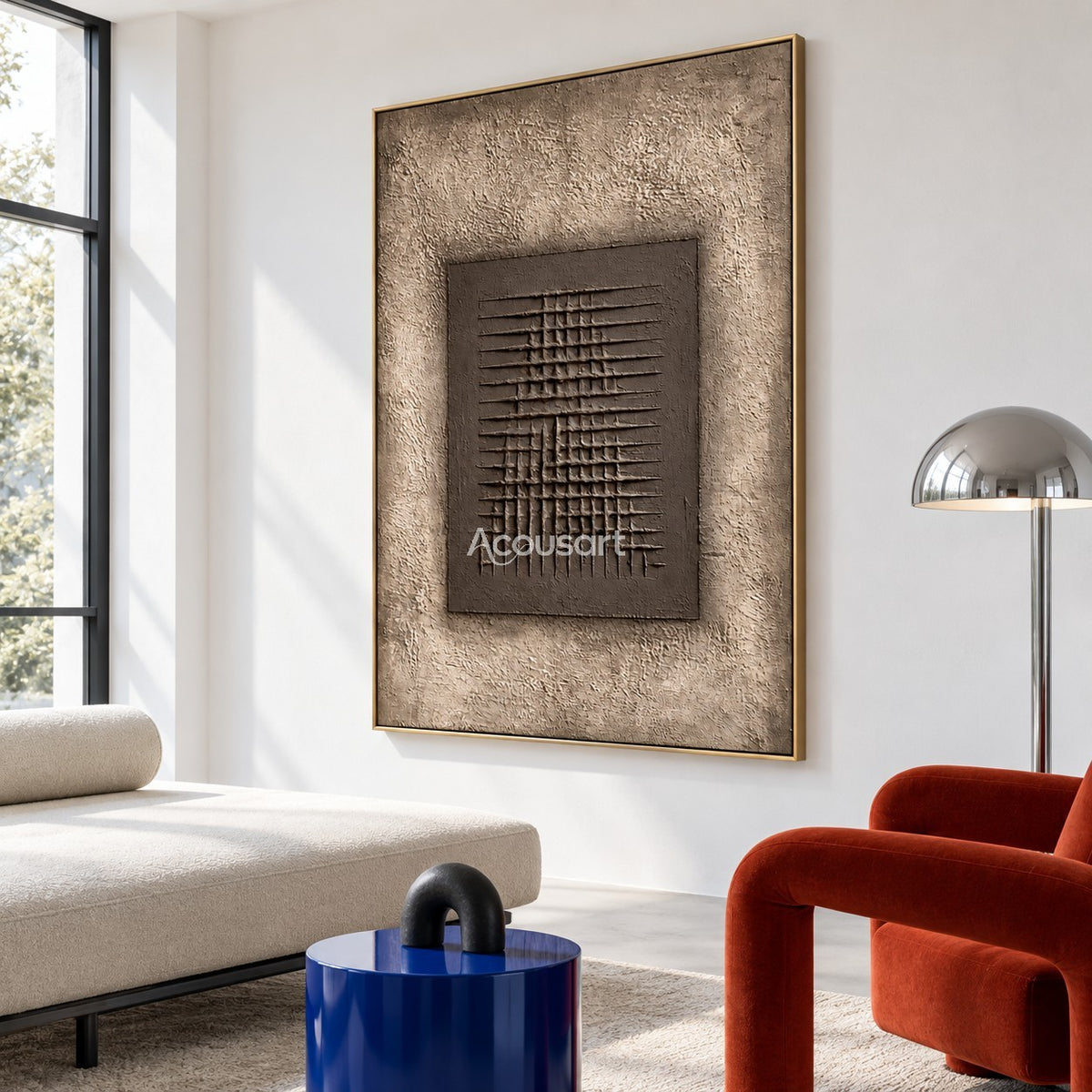 Modern geometric relief wall art with intersecting horizontal and vertical lines, warm taupe center, beige background, and abstract minimalist design