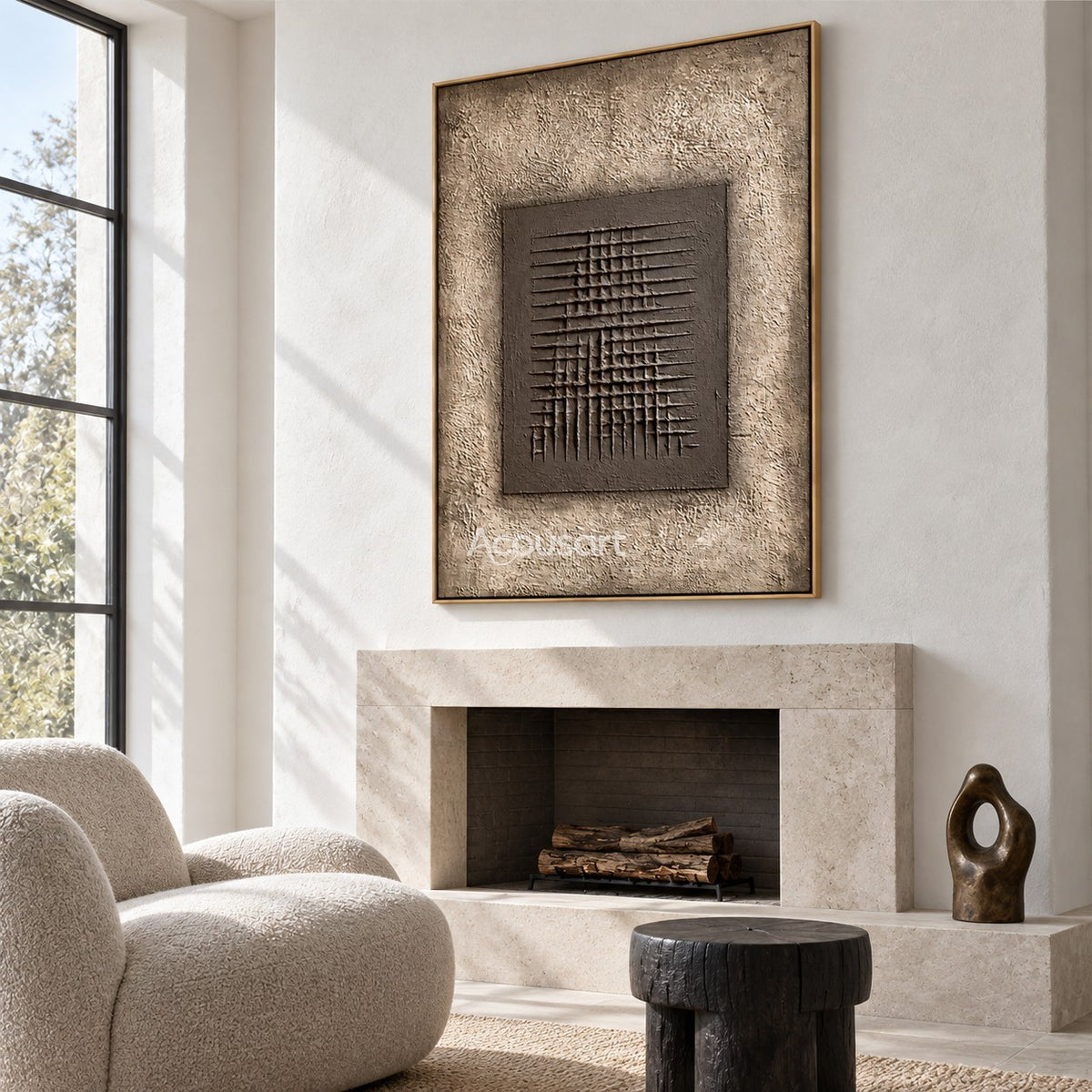 Modern geometric relief wall art with intersecting horizontal and vertical lines, warm taupe center, beige background, and abstract minimalist design