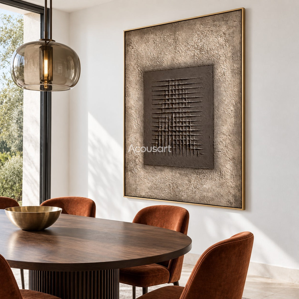 Modern geometric relief wall art with intersecting horizontal and vertical lines, warm taupe center, beige background, and abstract minimalist design