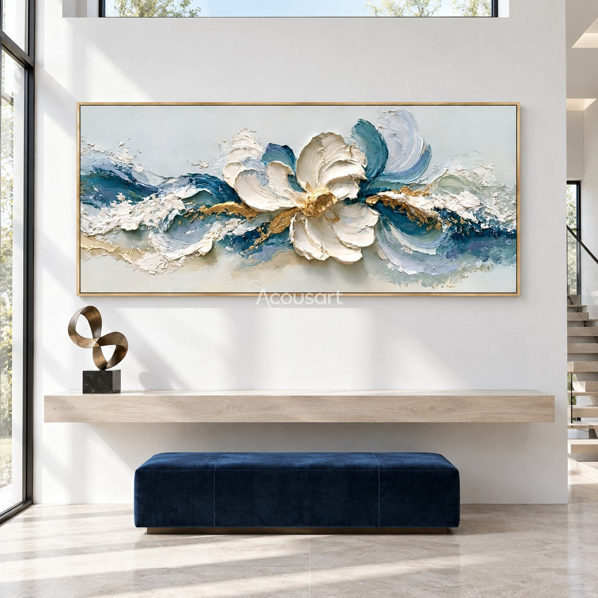 Blue floral abstract wall art with large white flower, flowing ocean waves, teal and navy tones, and gold accents