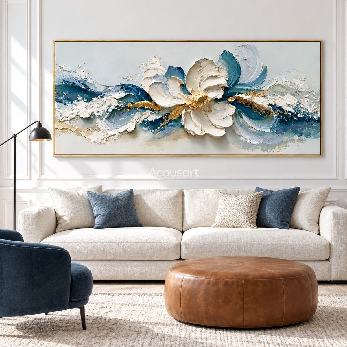 Blue floral abstract wall art with large white flower, flowing ocean waves, teal and navy tones, and gold accents