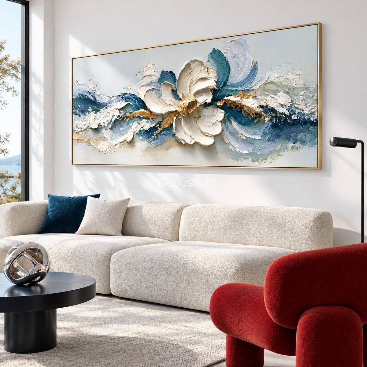 Blue floral abstract wall art with large white flower, flowing ocean waves, teal and navy tones, and gold accents