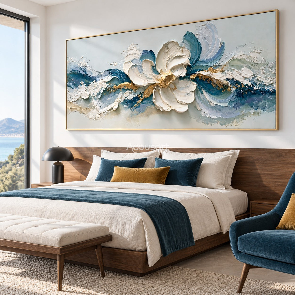 Blue floral abstract wall art with large white flower, flowing ocean waves, teal and navy tones, and gold accents