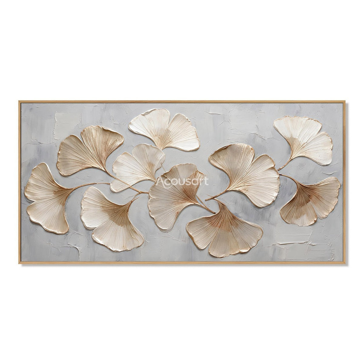 Neutral botanical wall art with cream ginkgo leaves, soft gold stems, and light gray background in a wide horizontal design