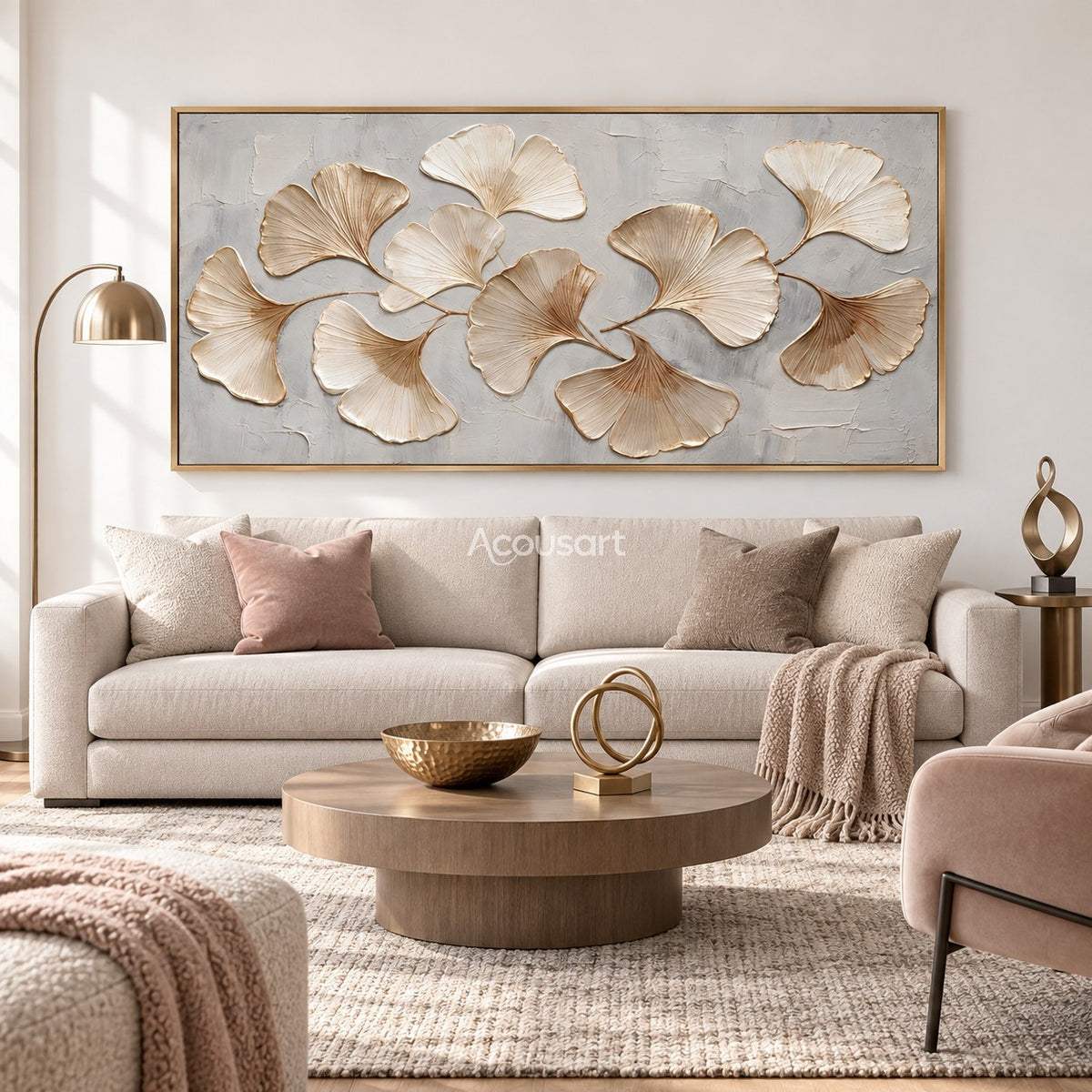 Neutral botanical wall art with cream ginkgo leaves, soft gold stems, and light gray background in a wide horizontal design
