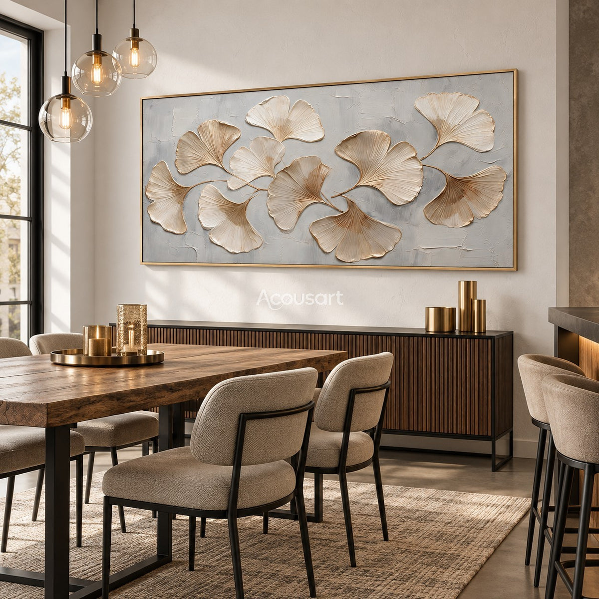 Neutral botanical wall art with cream ginkgo leaves, soft gold stems, and light gray background in a wide horizontal design