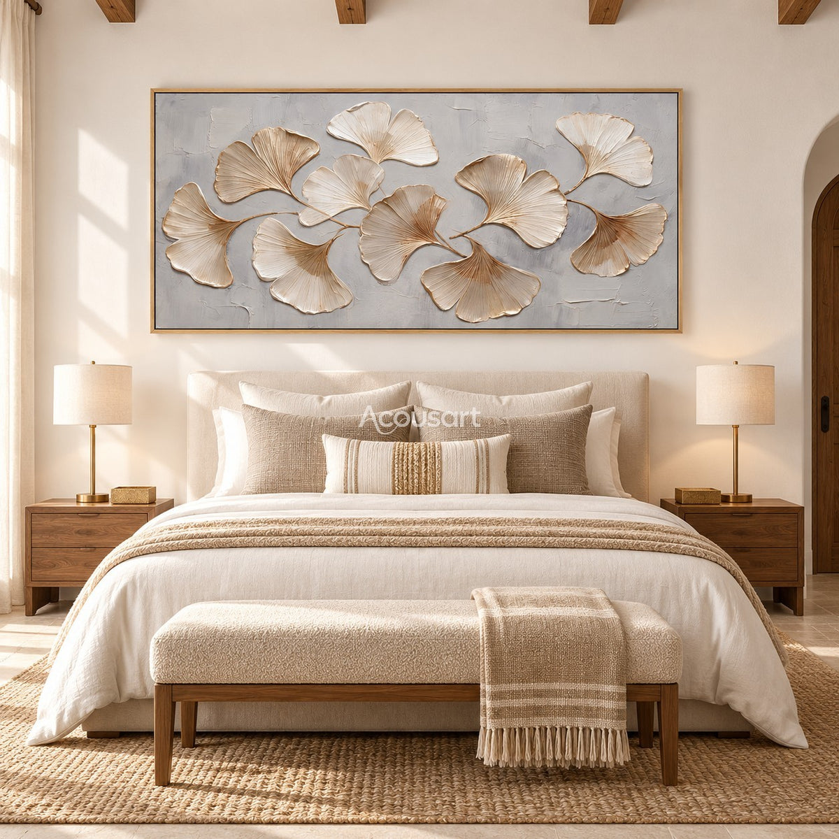 Neutral botanical wall art with cream ginkgo leaves, soft gold stems, and light gray background in a wide horizontal design
