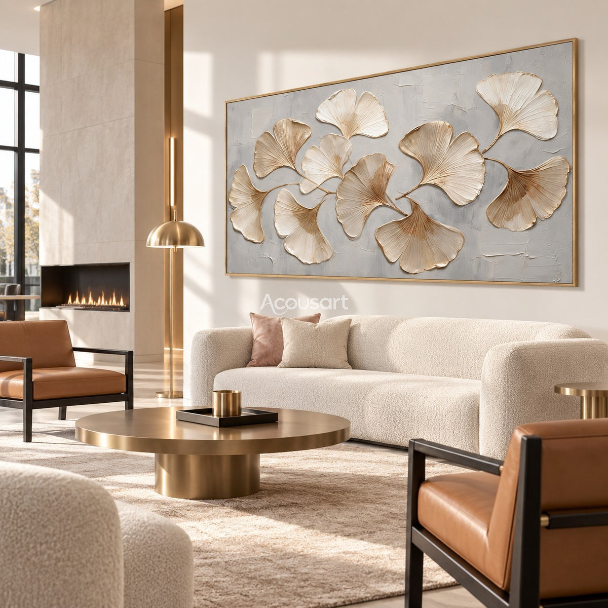 Neutral botanical wall art with cream ginkgo leaves, soft gold stems, and light gray background in a wide horizontal design