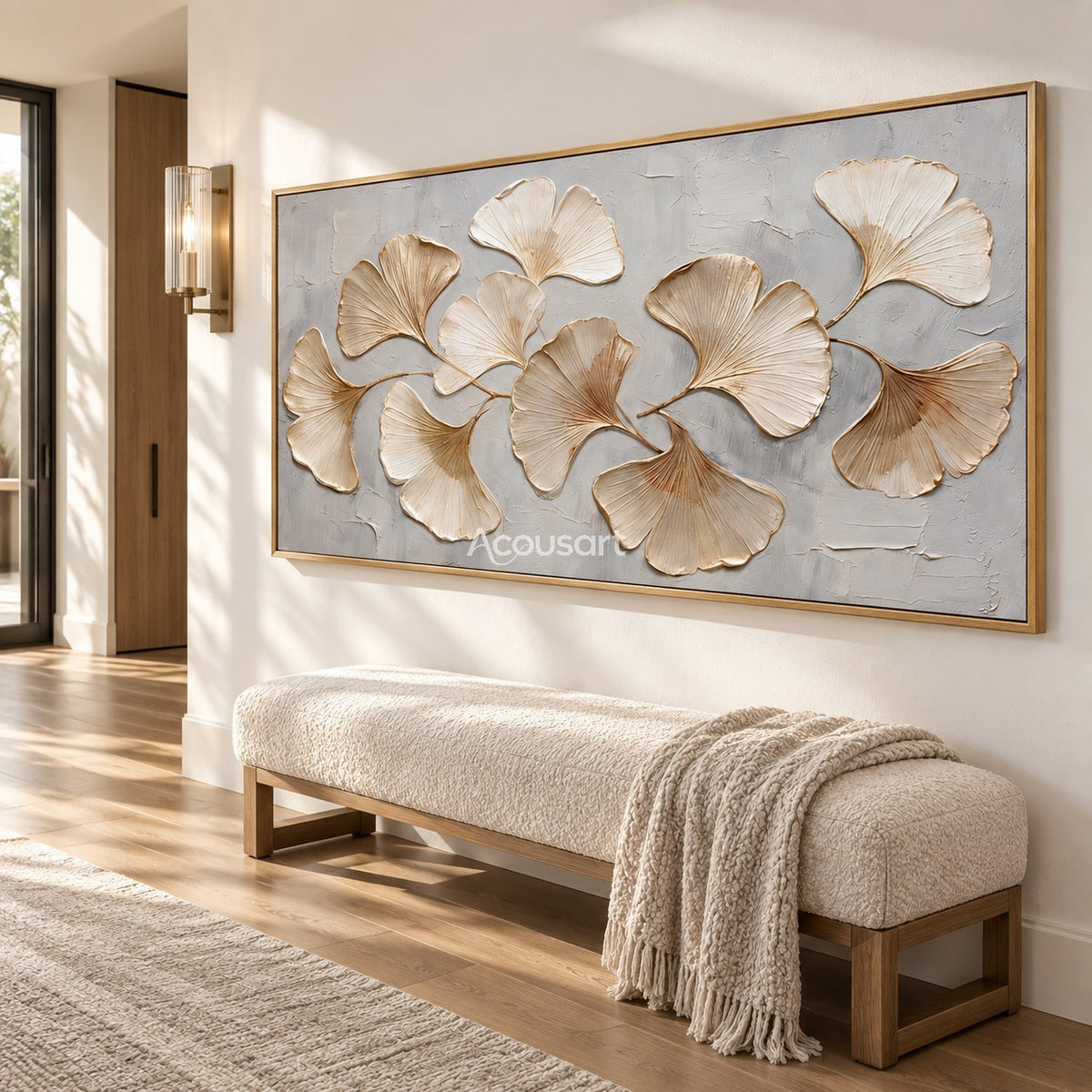 Neutral botanical wall art with cream ginkgo leaves, soft gold stems, and light gray background in a wide horizontal design