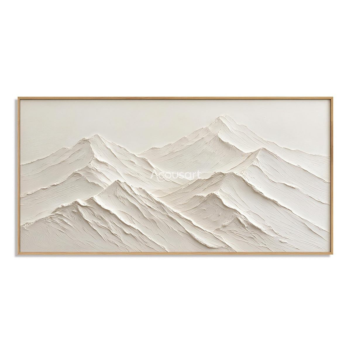 White mountain relief wall art with layered neutral peaks, soft cream tones, and wide minimalist landscape design