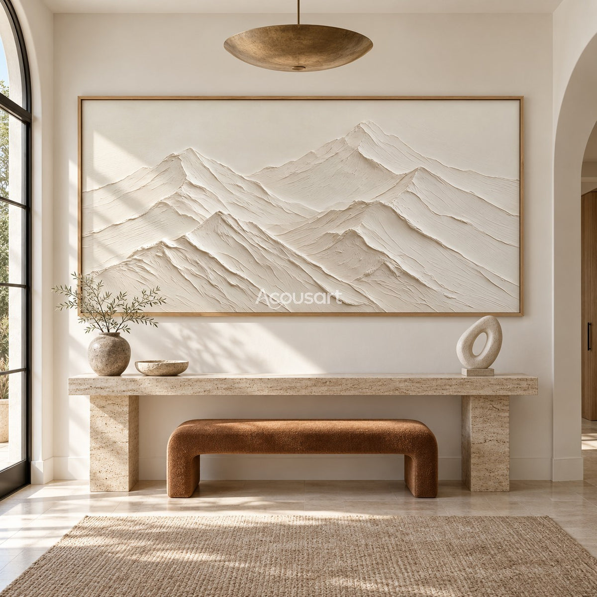 White mountain relief wall art with layered neutral peaks, soft cream tones, and wide minimalist landscape design
