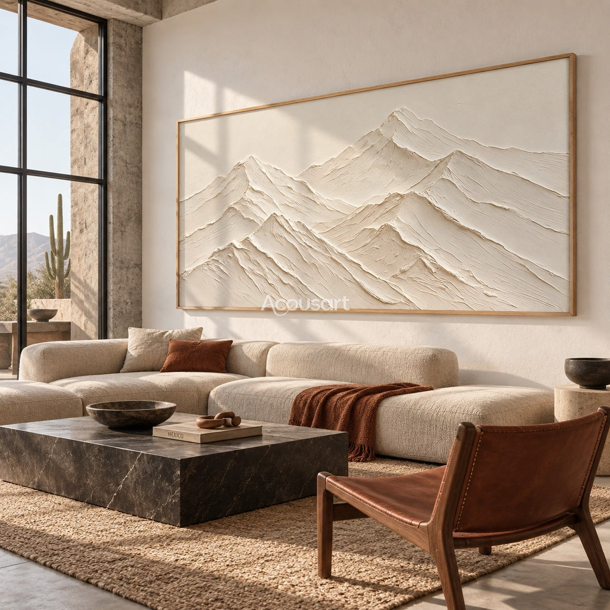 White mountain relief wall art with layered neutral peaks, soft cream tones, and wide minimalist landscape design