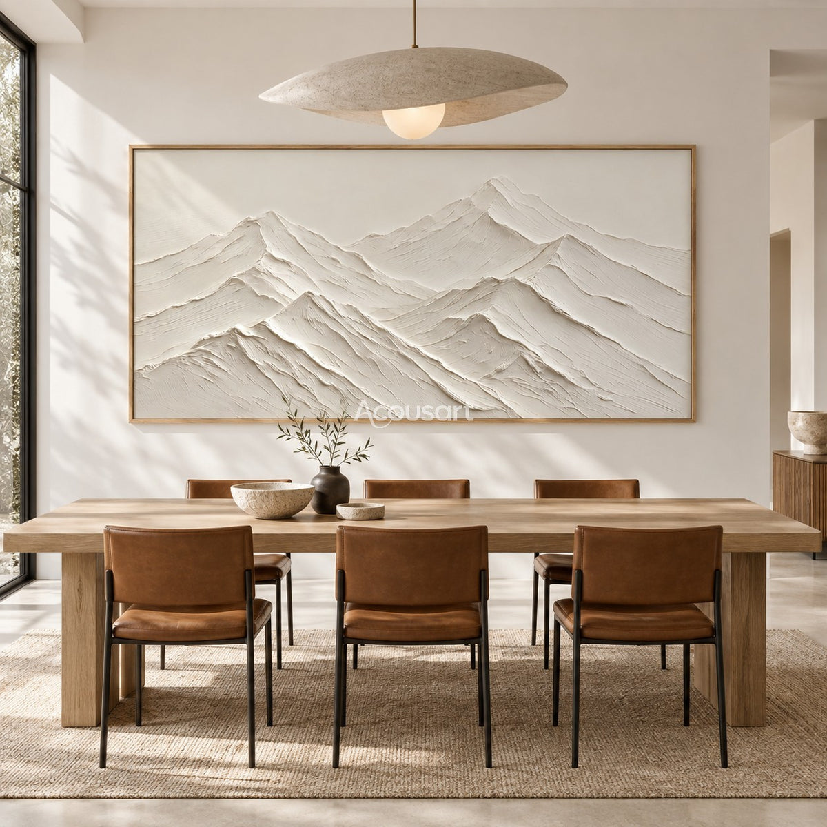 White mountain relief wall art with layered neutral peaks, soft cream tones, and wide minimalist landscape design