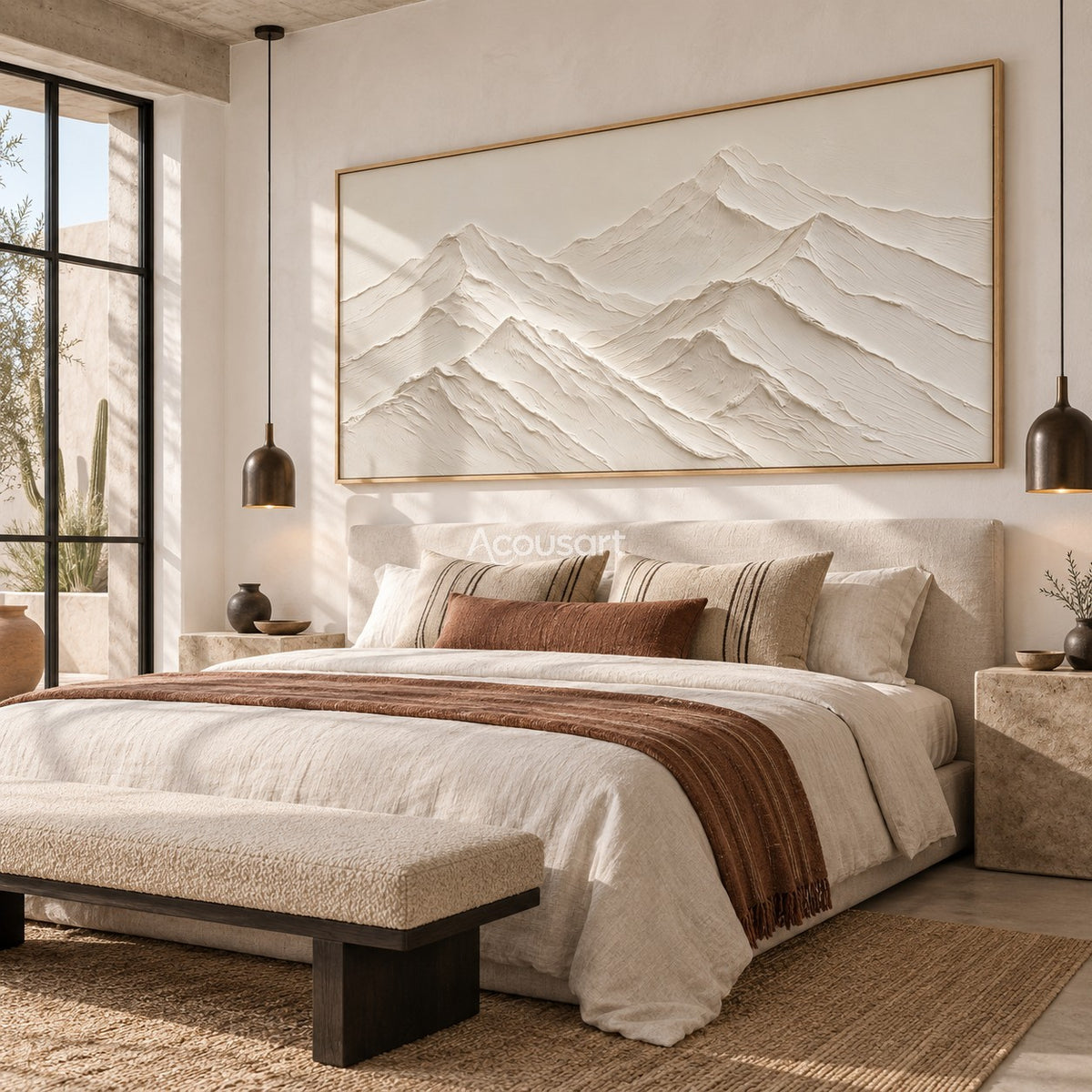 White mountain relief wall art with layered neutral peaks, soft cream tones, and wide minimalist landscape design